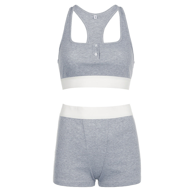 Casual Style Contrasting Color Sports Fashion Crop Tank Top High Waist Shorts Women Set