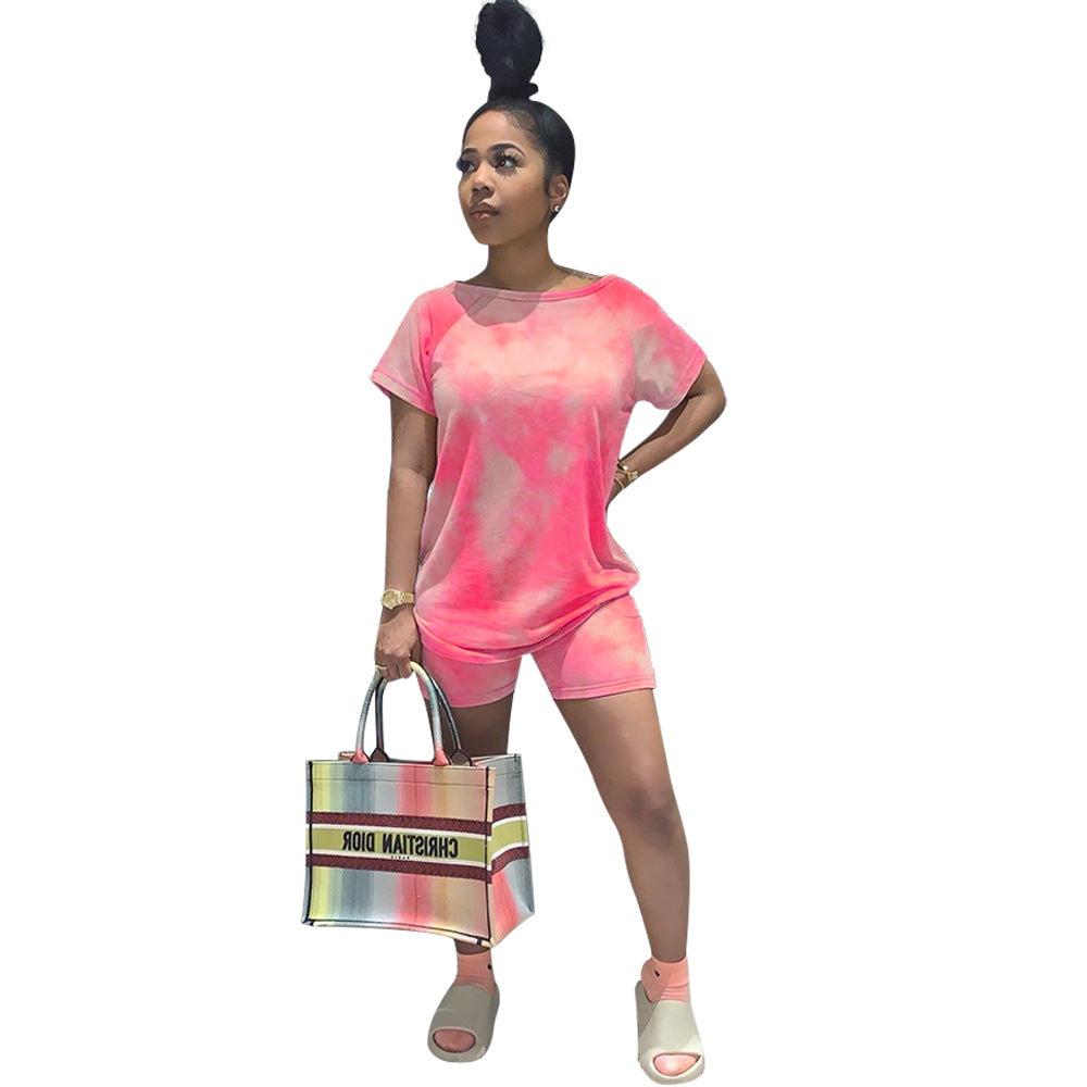 Women Fashion Casual Printed Round Neck Short Sleeve Top Loose Shorts Set