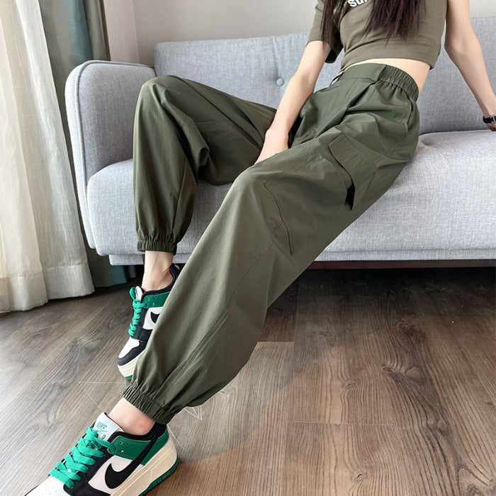 Women Fashion Casual Solid Color Cargo Elastic Waist Cuffed Jogger Pants