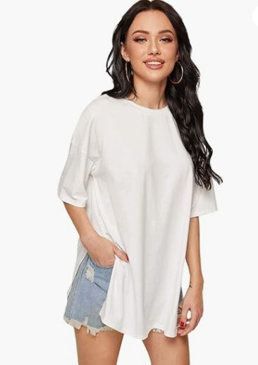 Summer Women Casual Solid Color Round Neck Short Sleeve Split T-Shirt