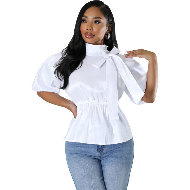 Blusa informal de manga corta con cuello alto, estampado floral y cordones para mujer