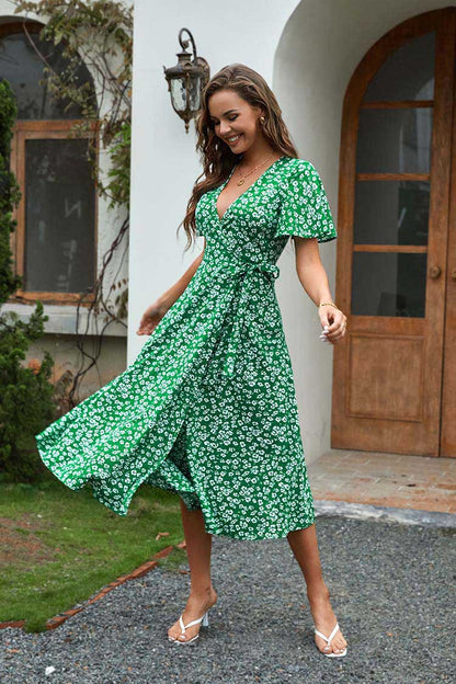 Women Casual Summer Vacation Floral Print Short Sleeve V Neck Dress