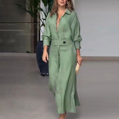 Women Fashion Casual Solid Color Waist Long Sleeve Irregular Shirt Maxi Dress
