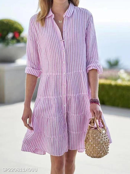 Women Casual Loose Long Stripe Striped Shirt Dress