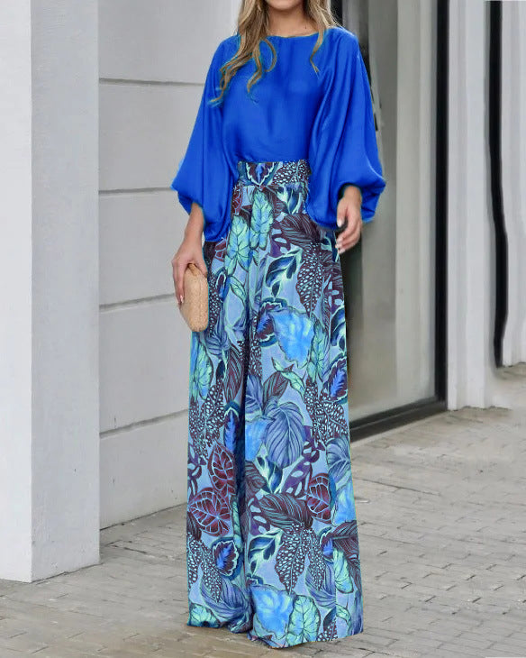 Conjunto de dos piezas para mujer, informal, con mangas abullonadas, top holgado y pantalones anchos estampados