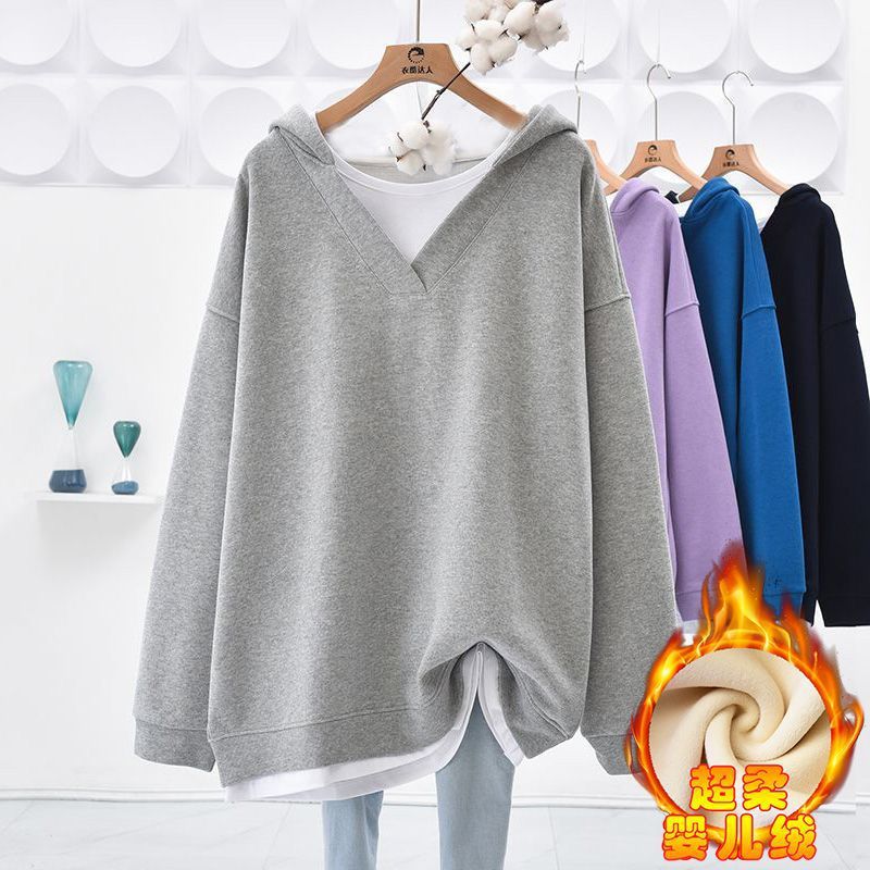 Sudadera con capucha informal de color liso con cuello en V y costuras para mujer