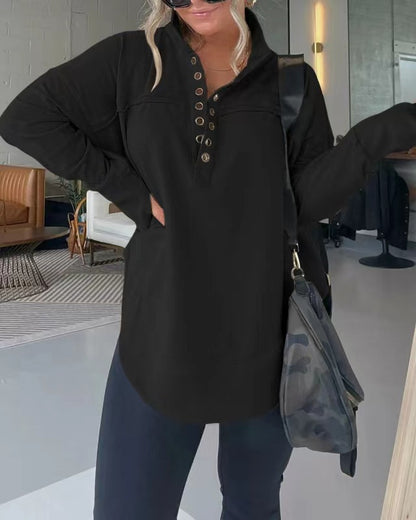 Sudadera informal de color liso con botones gruesos para mujer