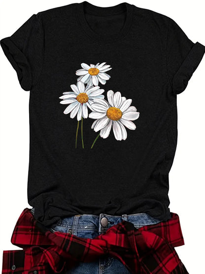 Camiseta informal de manga corta con cuello redondo y estampado de flores para mujer