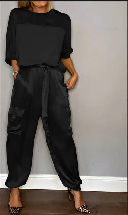 Conjunto de dos piezas de top y pantalón de manga corta de satén liso informal a la moda para mujer