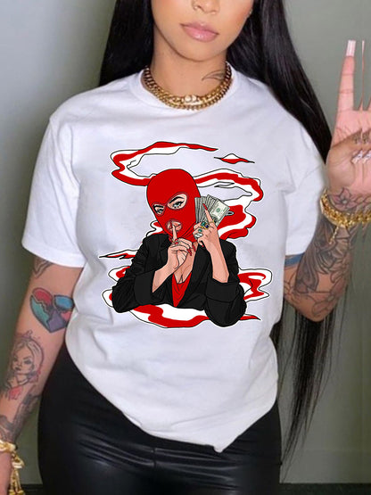 Camiseta informal holgada de talla grande para mujer, cuello redondo, manga corta, capucha, estampado gráfico "Toma dinero" para hombre