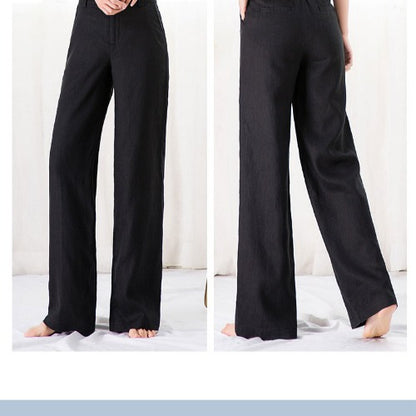 Women Fashion Casual Cotton Linen Solid Color High Waist Wide Leg Pants