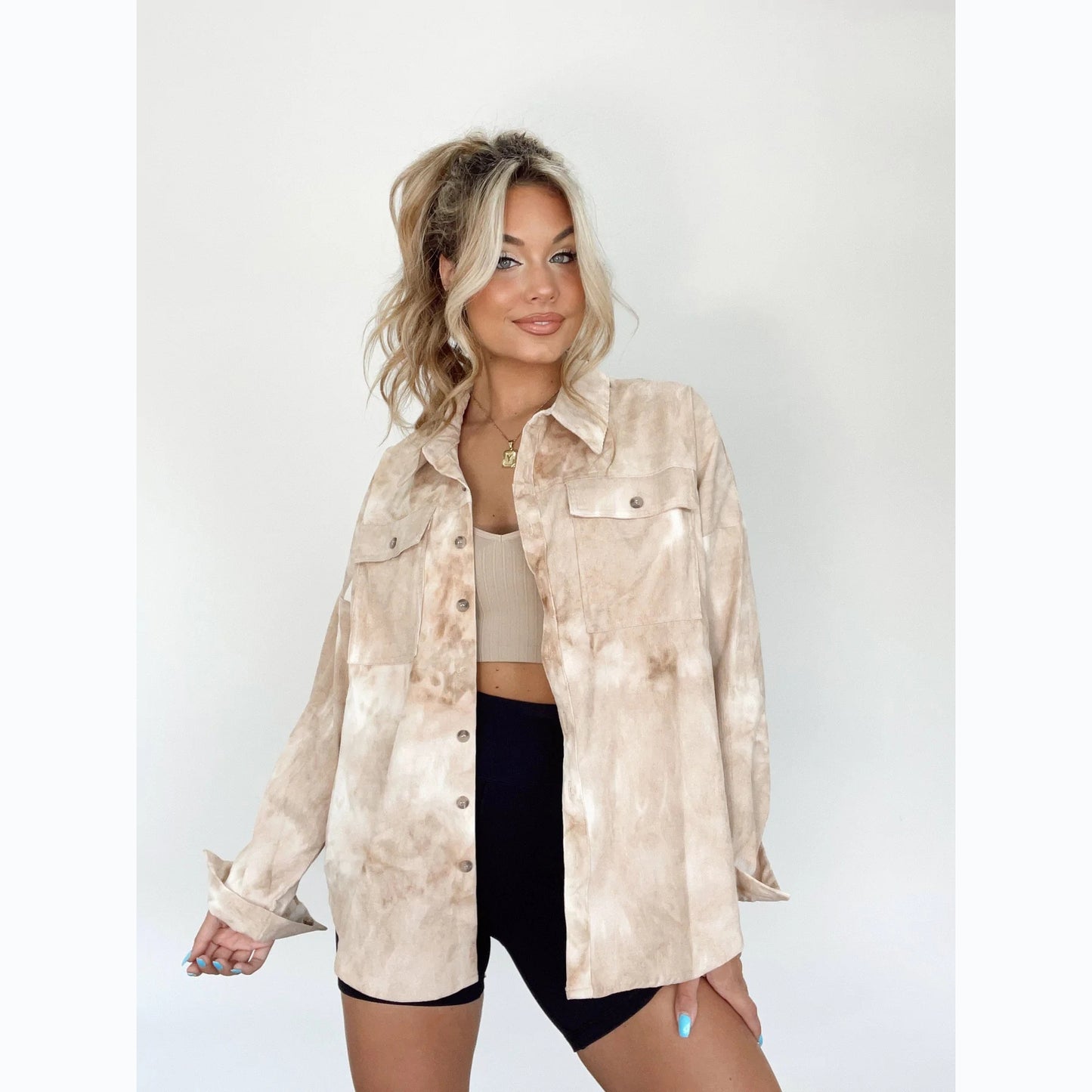 Casual Fashion Women Tie Dye Print Long Sleeve Shacket Blouse