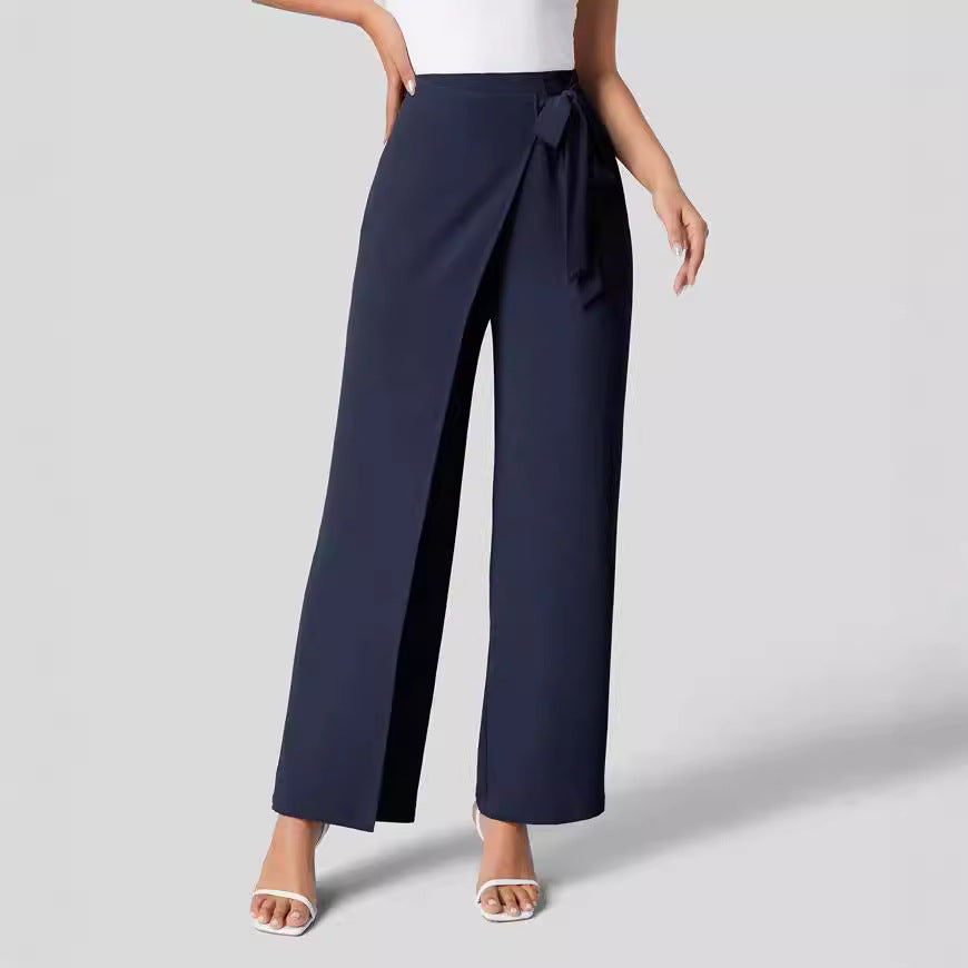 Women Fashion Casual Solid Color Lace-Up Wide Leg Pants