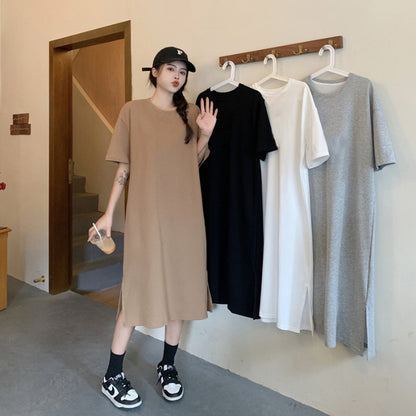 Vestido casual de manga corta de color liso para mujer