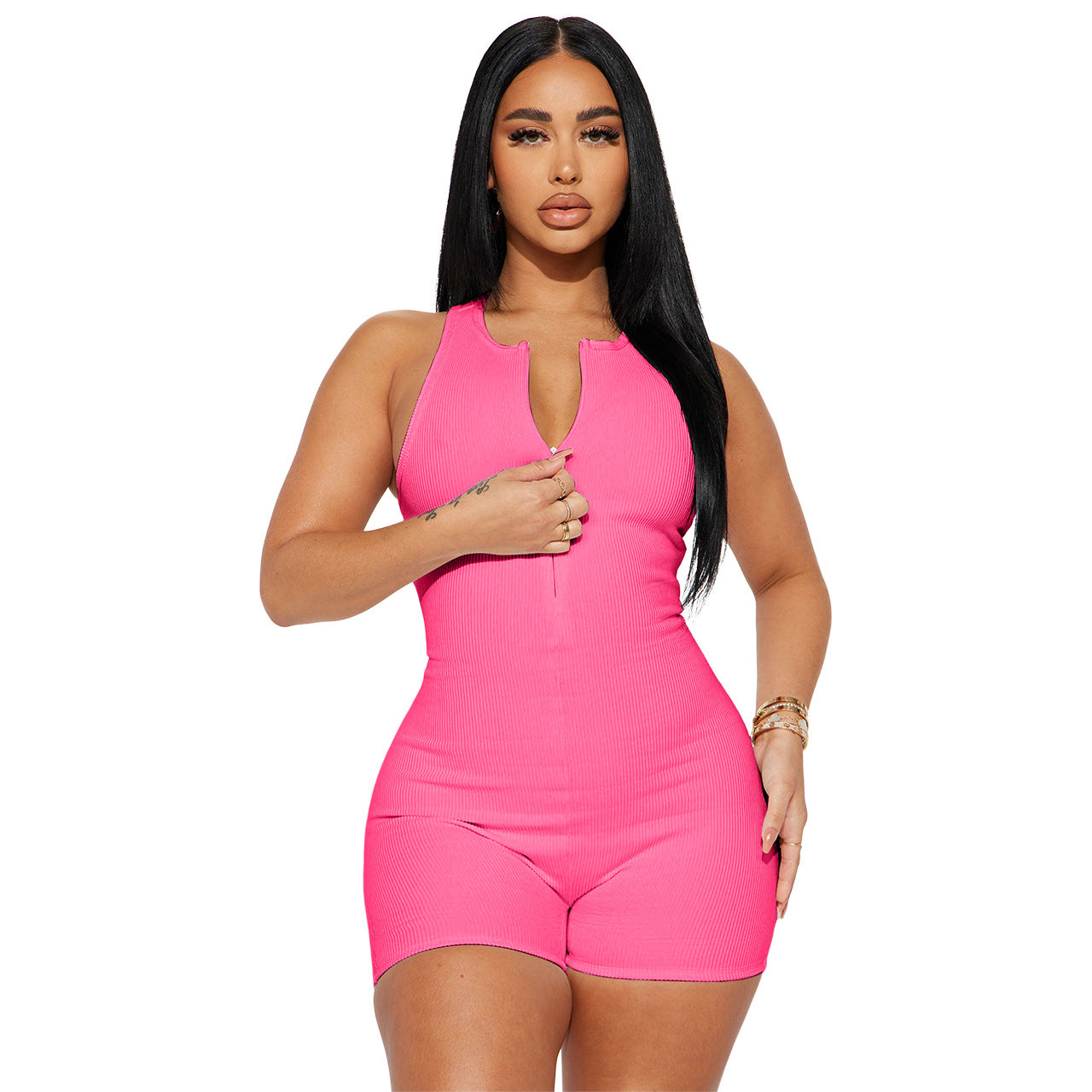 Women'S Fashion Casual Rib-Knit Sleeveless Sport Zipper Romper