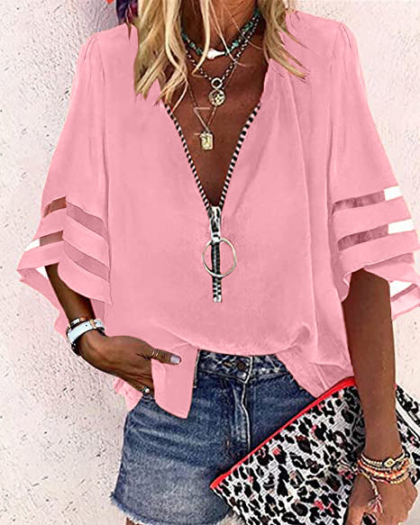 Blusa informal de mujer con cuello en V, media cremallera y mangas acampanadas