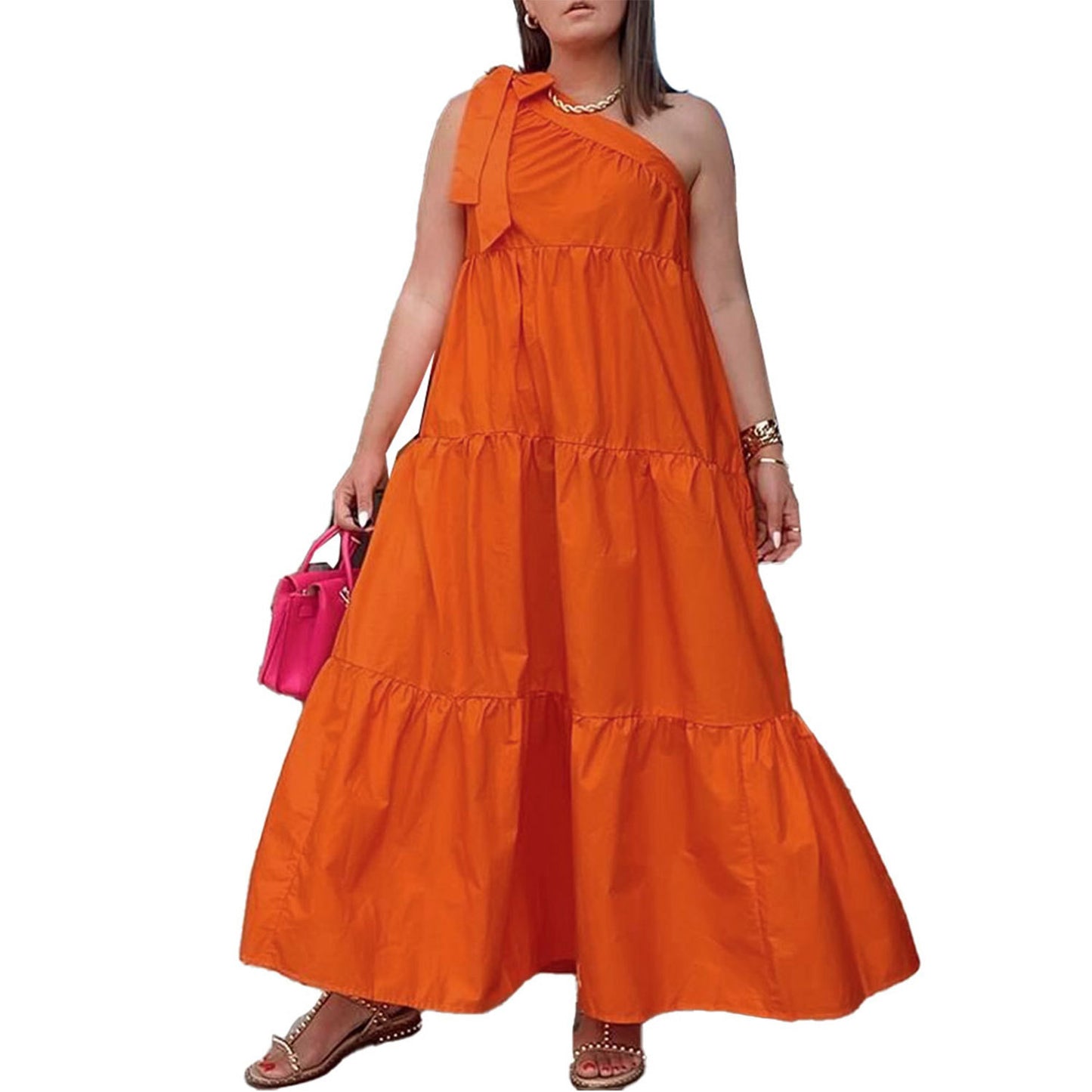 Women Fashion Casual Irregular One Shoulder Solid Color Loose Maxi Dress