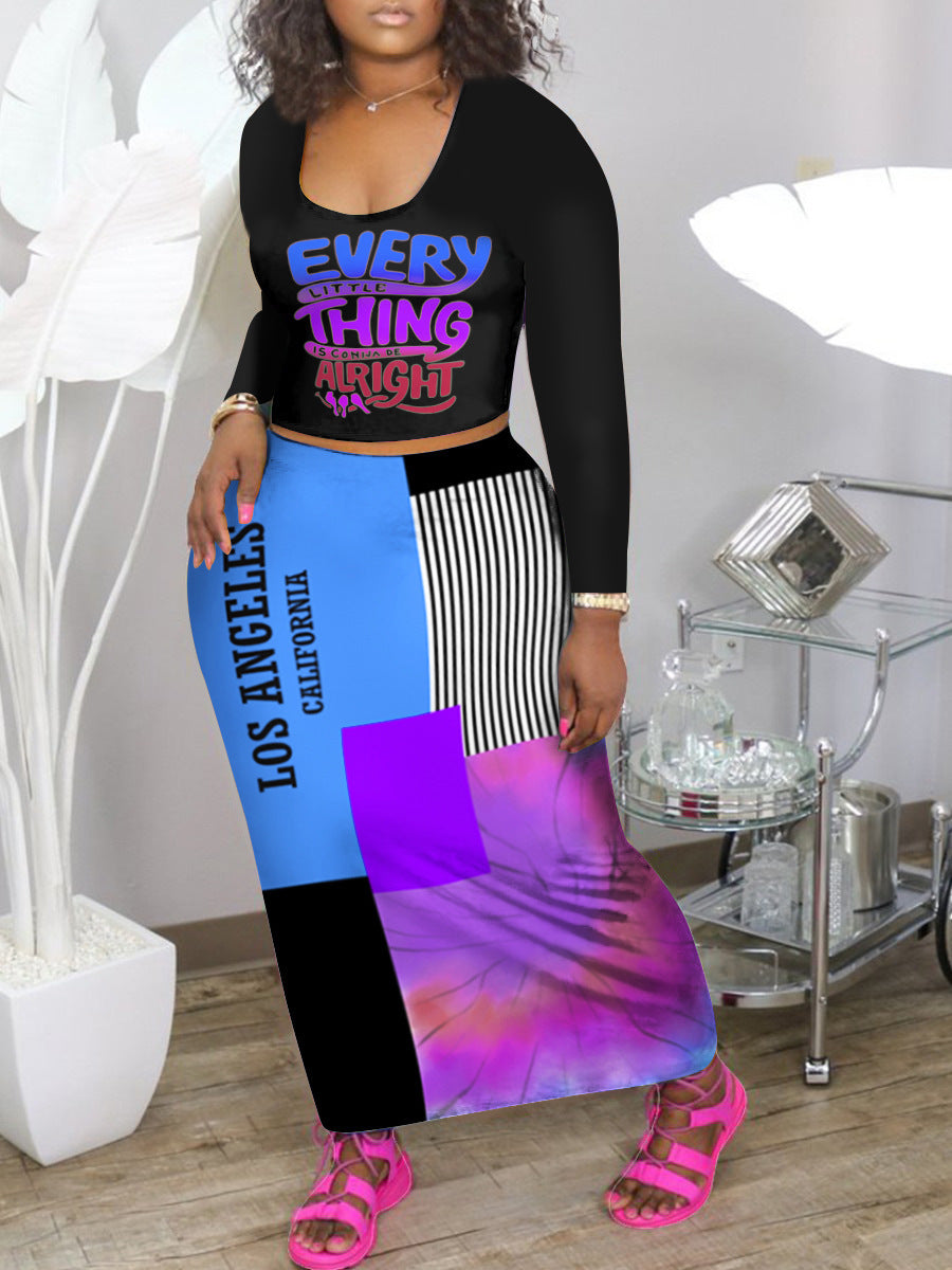 Conjunto de dos piezas formado por top y falda de manga larga, estampado de letras y rayas, informal, a la moda para mujer, talla grande