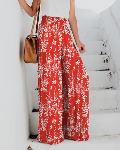Pantalones anchos con cintura elástica y estampado floral informal para mujer