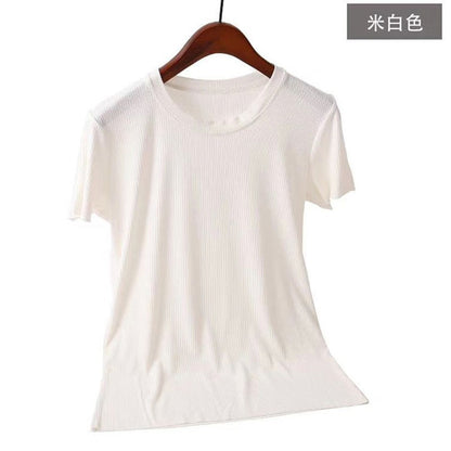 Camiseta informal de verano para mujer, de color liso, con cuello redondo y manga corta en blanco