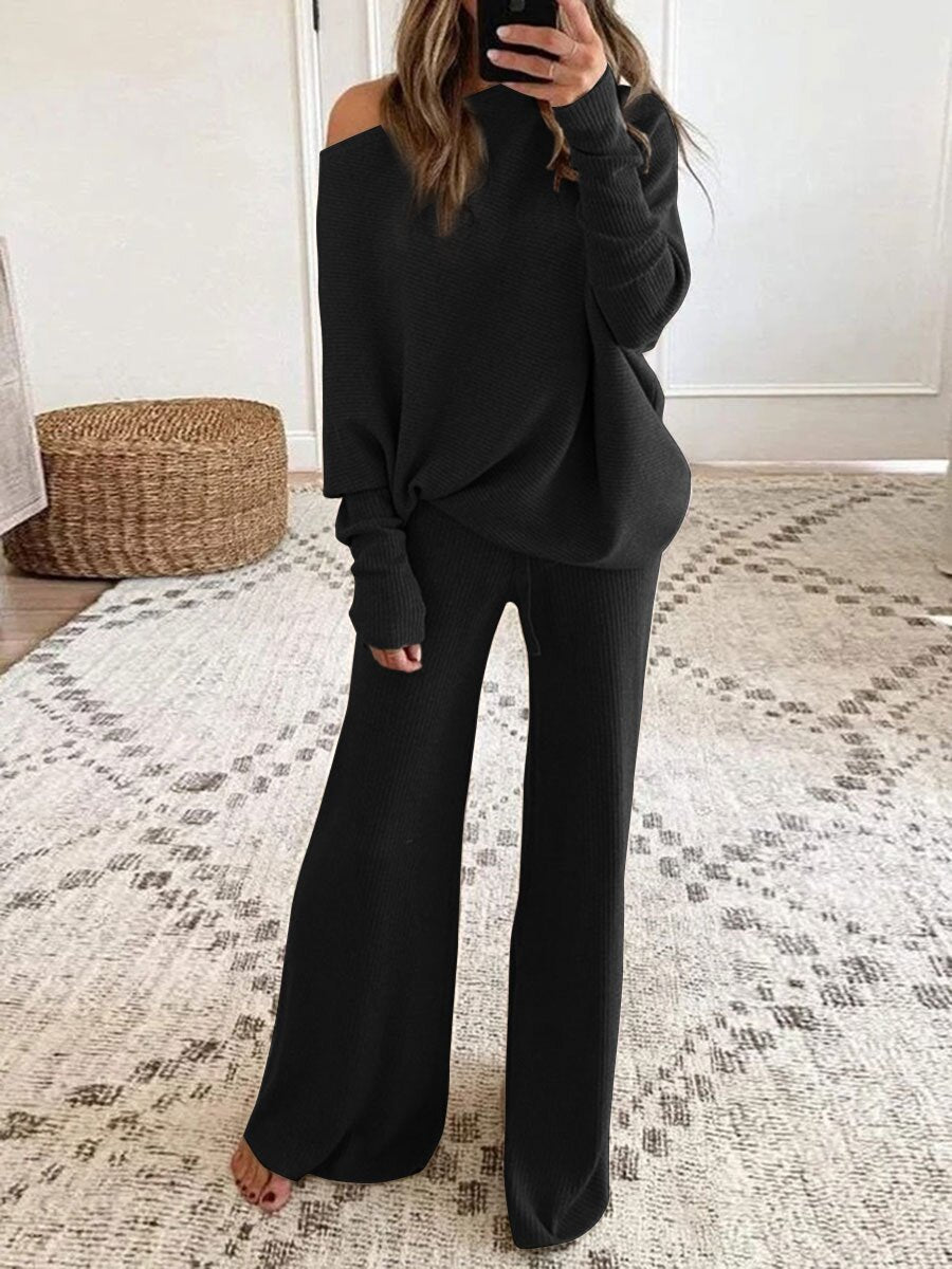 Conjunto de dos piezas formado por top y pantalón informal, manga larga, cuello redondo, color liso, para mujer, otoño e invierno