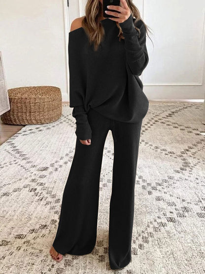 Conjunto de dos piezas formado por top y pantalón informal, manga larga, cuello redondo, color liso, para mujer, otoño e invierno