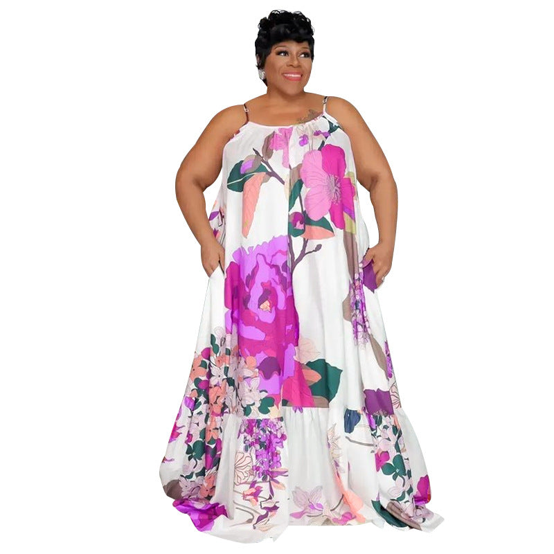 Women Plus Size Casual Loose Floral Leopard Print Spaghetti Strap Maxi Dress