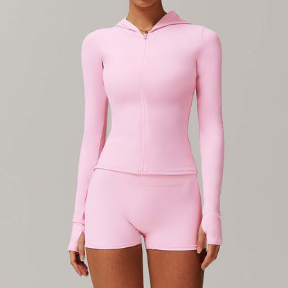 Sudadera deportiva de yoga ajustada de manga larga con cremallera y color sólido informal para mujer