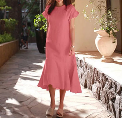 Vestido midi informal de verano para mujer, de manga corta, cuello redondo, color liso, con volantes y cola de pez