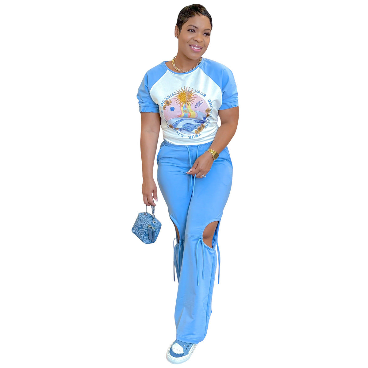 Conjunto de dos piezas para mujer, informal, con estampado, cuello redondo, manga corta, pantalones con abertura lateral