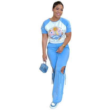 Conjunto de dos piezas para mujer, informal, con estampado, cuello redondo, manga corta, pantalones con abertura lateral