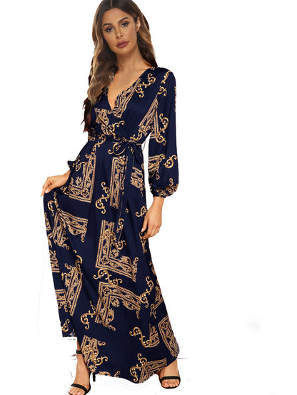 Long Sleeve Dress Women Vintage Boho Style V Neck Casual Maxi Dress