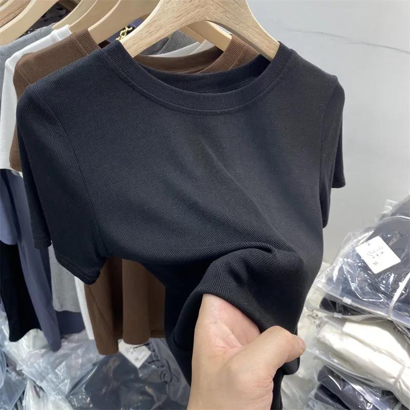Summer Women Casual Solid Color Tight Thread Short Sleeve Blank T-Shirt