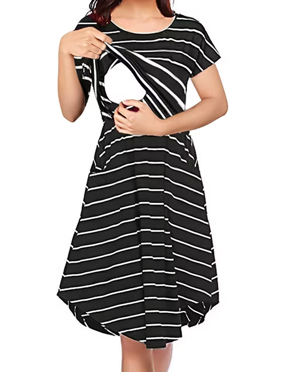 Pregnant Woman Fashion Casual Stripe Round-Neck Short-Sleeve Breastfeeding Dress