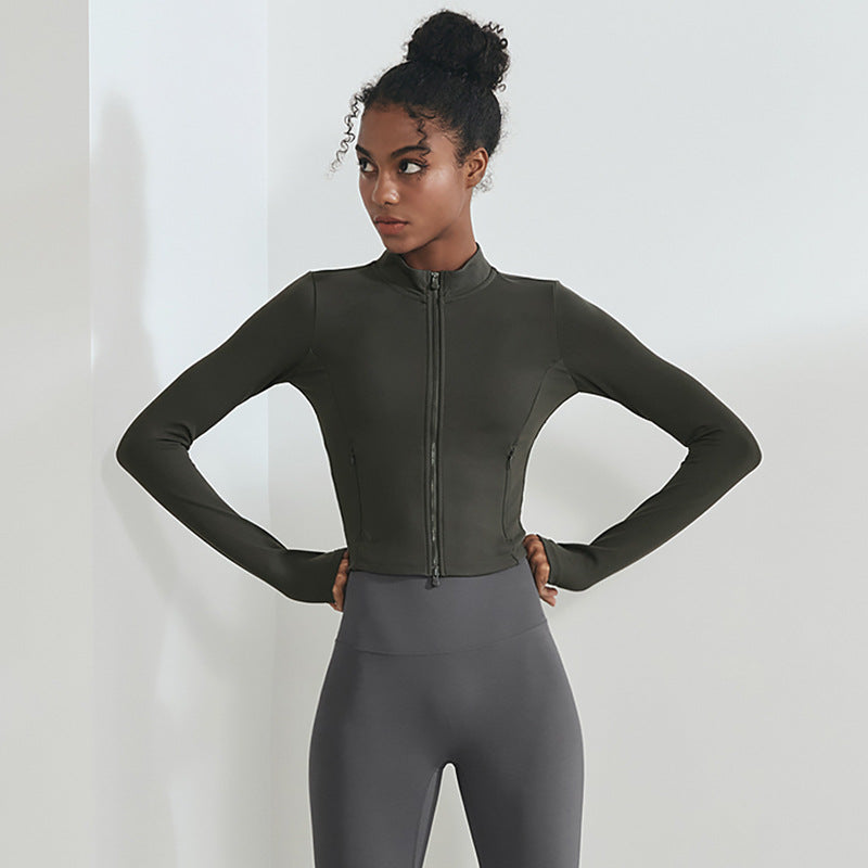 Chaqueta de yoga deportiva informal para mujer, de alta elasticidad, ajustada, con bolsillo y cremallera