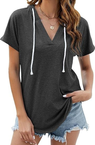 Camiseta holgada informal de manga corta con cuello en V y color liso para mujer