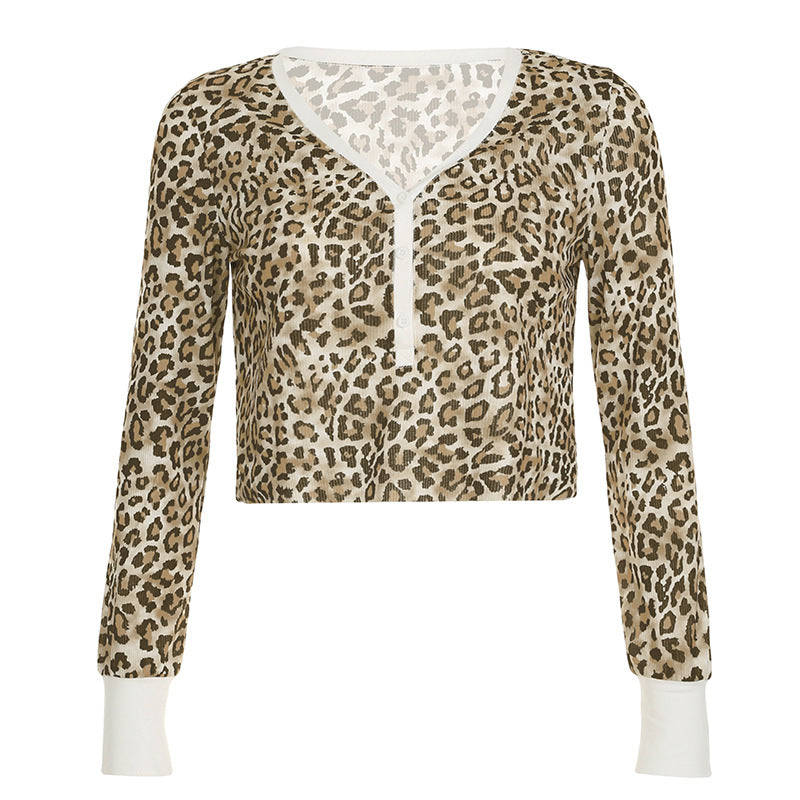 Camiseta sexy de manga larga informal corta con estampado de leopardo en contraste para mujer