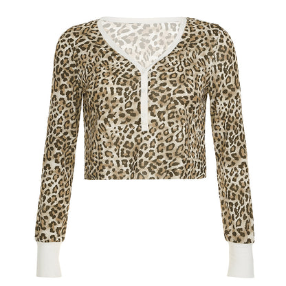 Camiseta sexy de manga larga informal corta con estampado de leopardo en contraste para mujer