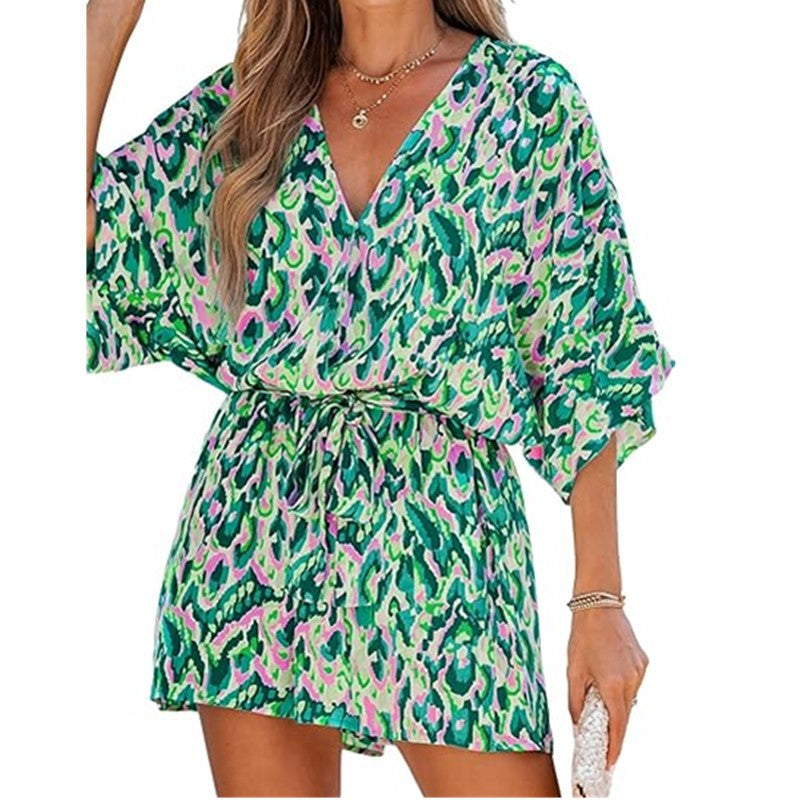 Women Fashion Casual Printed V-Neck Short-Sleeve Lace-Up Rompers