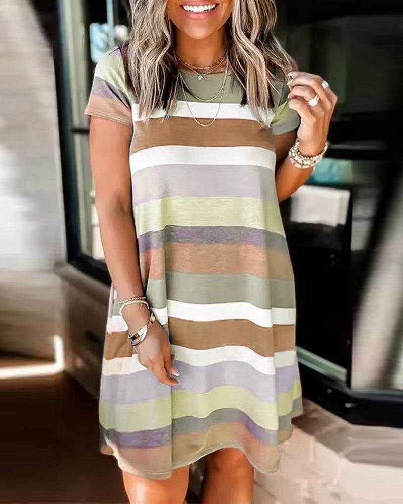 Summer Women Loose Casual Fashion Stripe Print Short Sleeve Dress