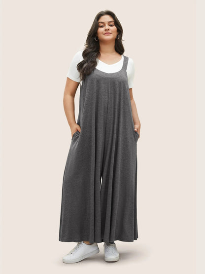 Summer Women Loose Plus Size Solod Color Sleeveless Casual Jumpsuits