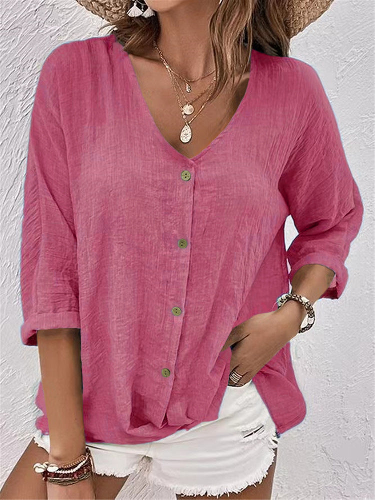 Camisa informal de manga larga con botones y cuello en V de color liso a la moda para mujer