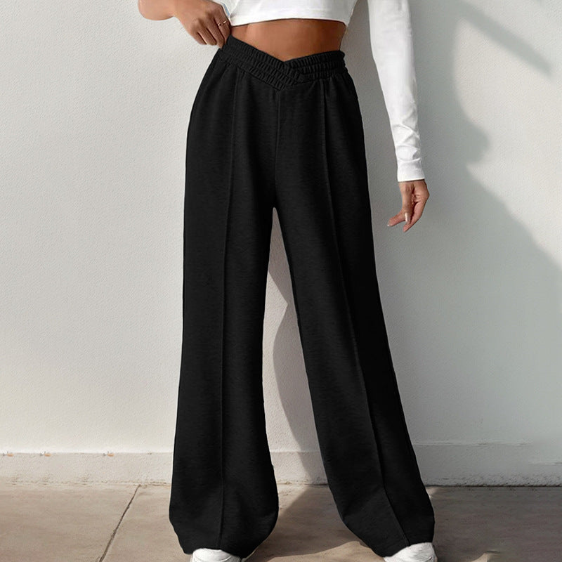 Women Fashion Casual V-Shaped High Waist Stitching Wide-Leg Pants