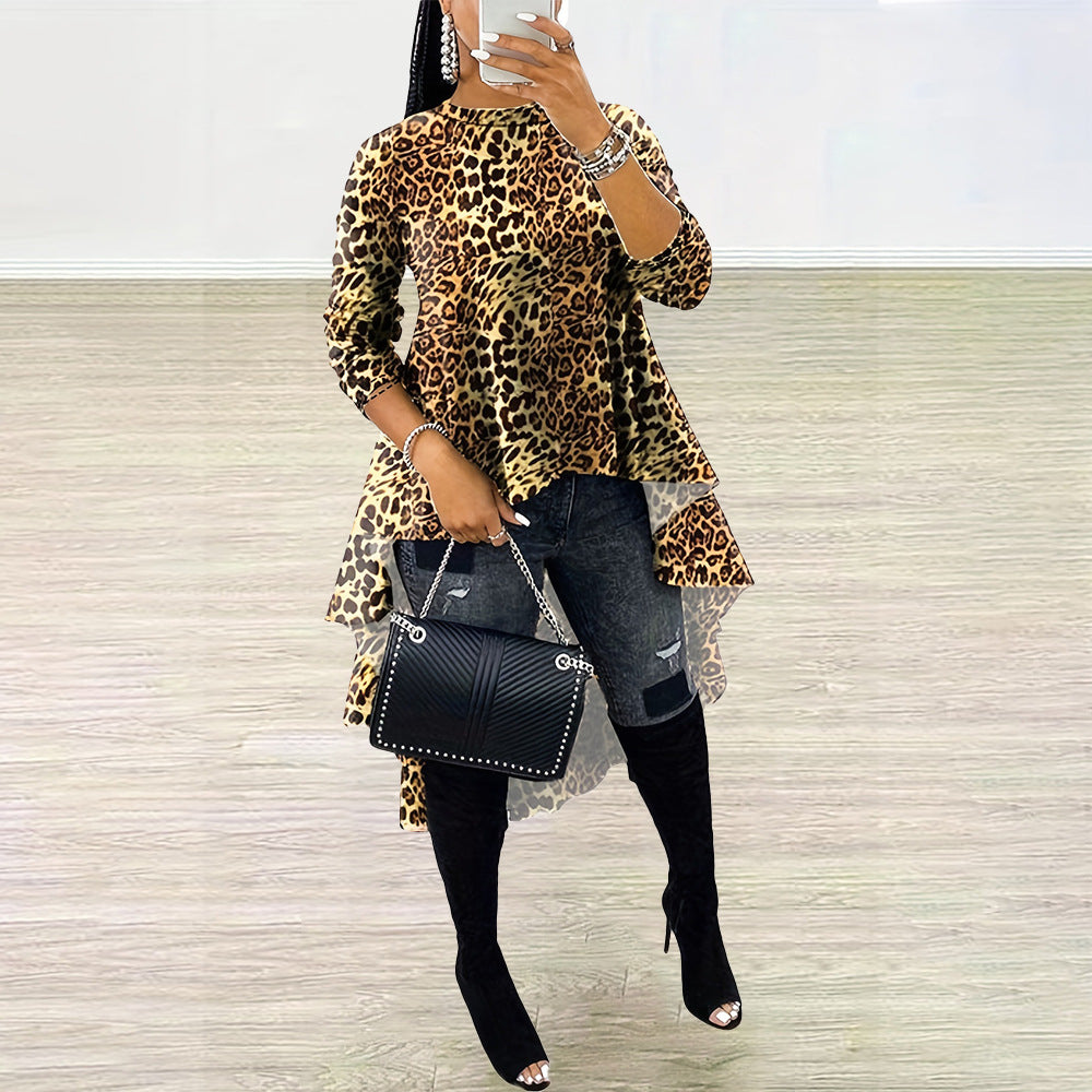 Women Fashion Casual Camouflage Printing Long Sleeve Irregular Dress