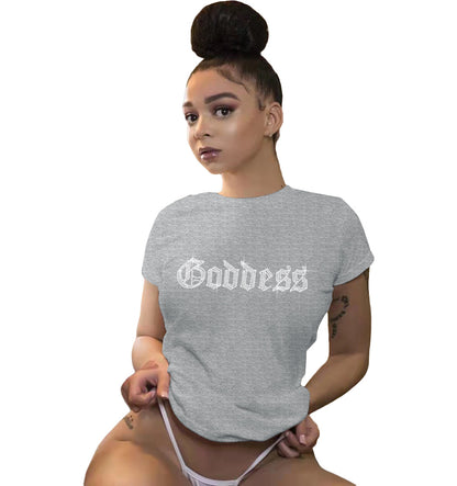 Camiseta básica informal de manga corta con cuello redondo y diamantes de imitación para mujer