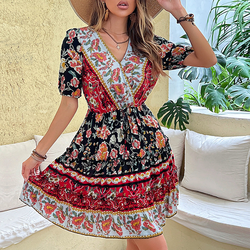 Women Summer Casual Bohemian Style Tiny Flower Printed V-Neck Dress