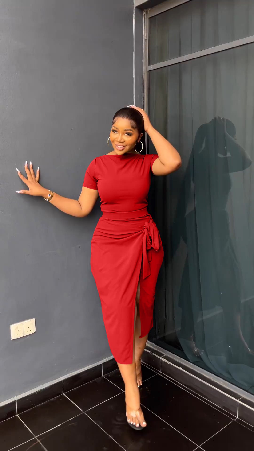 Women Spring And Summer Casual Elegant Solid Color Short Sleeve Top Side-Slit Bowknot Skirt Office Set