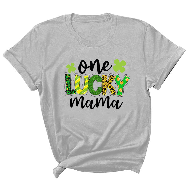 Camiseta informal de manga corta con cuello redondo y estampado de letras "One Lucky Mama" para mujer