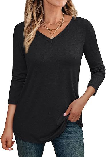 Camiseta informal de manga larga con cuello en V y color liso para mujer