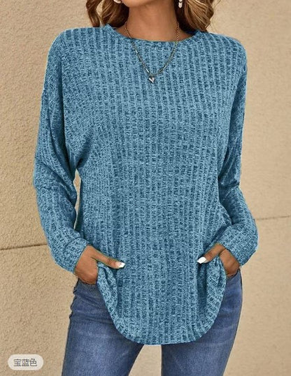 Camiseta holgada informal de talla grande para mujer, básica, de punto, de otoño, con cuello redondo, lisa, de manga larga